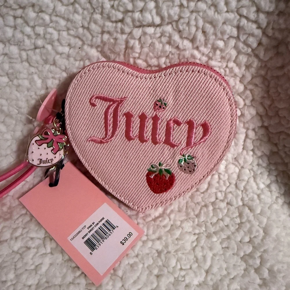 NWT Juicy Couture Berry Sweet Pink Heart Coin Pouch with Strawberry Charms